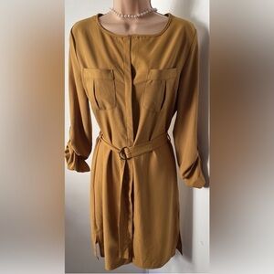 Size 4 Amisu Mustard Long Tab Sleeved Shirt Dress With Belt & Breast Pockets